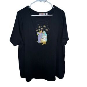 Quacker Factory T Shirt Women's 1X Black Nativity Christmas Beaded‎ Short Sleeve